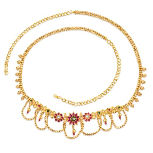 Image of Peora Traditional Gold Plated Rani Pink Green Synthetic Stone Studded Belly Chain Kamarband Ethnic Fashion Jewellery for Women Girls