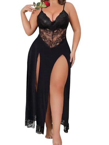 Image of Alrovetoney Plus Size Lingerie For Women Babydoll Sexy Mesh Maxi Nightdress Exotic Sleepwear Side Slits