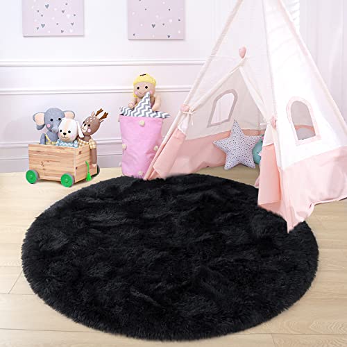 Junovo Round Rug 4X4 Feet Fluffy Soft Area Rugs For Kids Girls Room Princess Castle Plush Shaggy Carpet Cute Circle Nursery Rug For Kids Girls Bedroom Baby Room Home Decor Circular Carpet, Black #TOP5