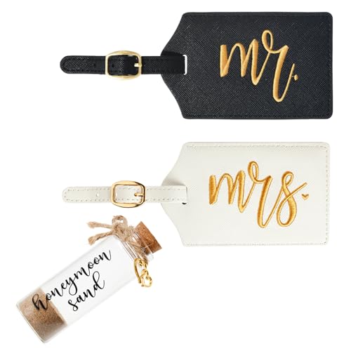 Mr. & Mrs. Luggage Tags & Honeymoon Beach Sand Keepsake Set, Wedding, Bridal Shower, Engagement Gifts for Couples (Black Gold Mr+White Gold Mrs+Honeymoon Sand)