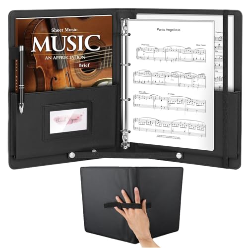 POKIENE Carpetas de música para partituras con asa y hombro, de piel sintética, carpeta de coro, color negro, carpeta de 4 anillos para piano y actuaciones escénicas