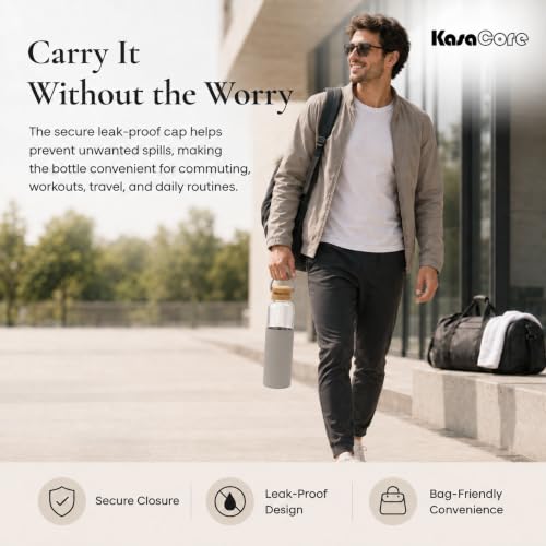 Image of Borosilicate Glass Water Bottle 500 ml | Leakproof Bamboo Lid & Silicone Sleeve | BPA Free Reusable Drinking Bottle for Office, Gym, Travel & Daily Use (Grey)