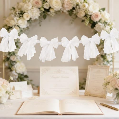 Image of MLMC White Bow Garland Banner Handmade Cheesecloth Bow Wreath Party Hanging Decorations for Baby Shower Birthday Wedding Bridal Shower Party Decor