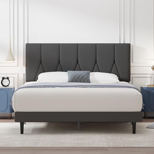 Yocreat King Bed Frame, Dark Grey, with Headboard