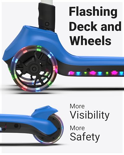 ELECOSMOS Safe Electric Scooter for Kids 4+, Balance for Beginner, Thumb Throttle, Flash Deck, Extra Wide Light Up Big Wheels, Adjustable Heights, 5 MPH Safe Speed, UL2272 Certified