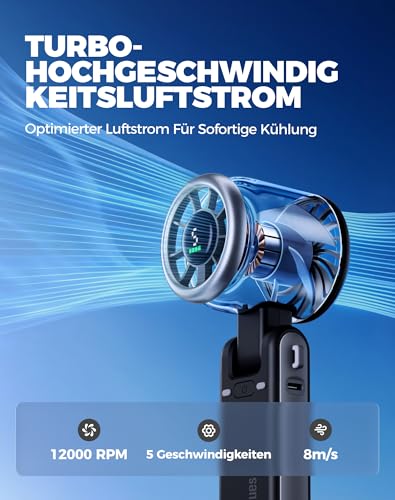 Diveblues Tragbarer Turbo Handventilator, 9m/s Hohe Geschwindigkeit, 5-stufiger Wind, wiederaufladbarer Akku, 3-in-1 Hand-, Hals- & Tischventilator, bis zu 12 Stunden, für Reisen, Büro & Outdoor 3