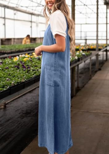 chouyatou Women's Summer Spaghetti Strap Denim Dress A-Line Overall Dress Flowy Swing Maxi Long Jean Dress2