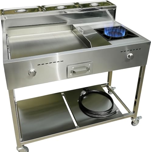 Burner Stove and Flat Top Griddle Cart | 20 Stainless Steel Griddle | 30 000 BTU Cast Iron Burner Stove | Outdoor Propane | Portable 4 Wheel | 3 Condiment Container Pans | Commercial & Home Use