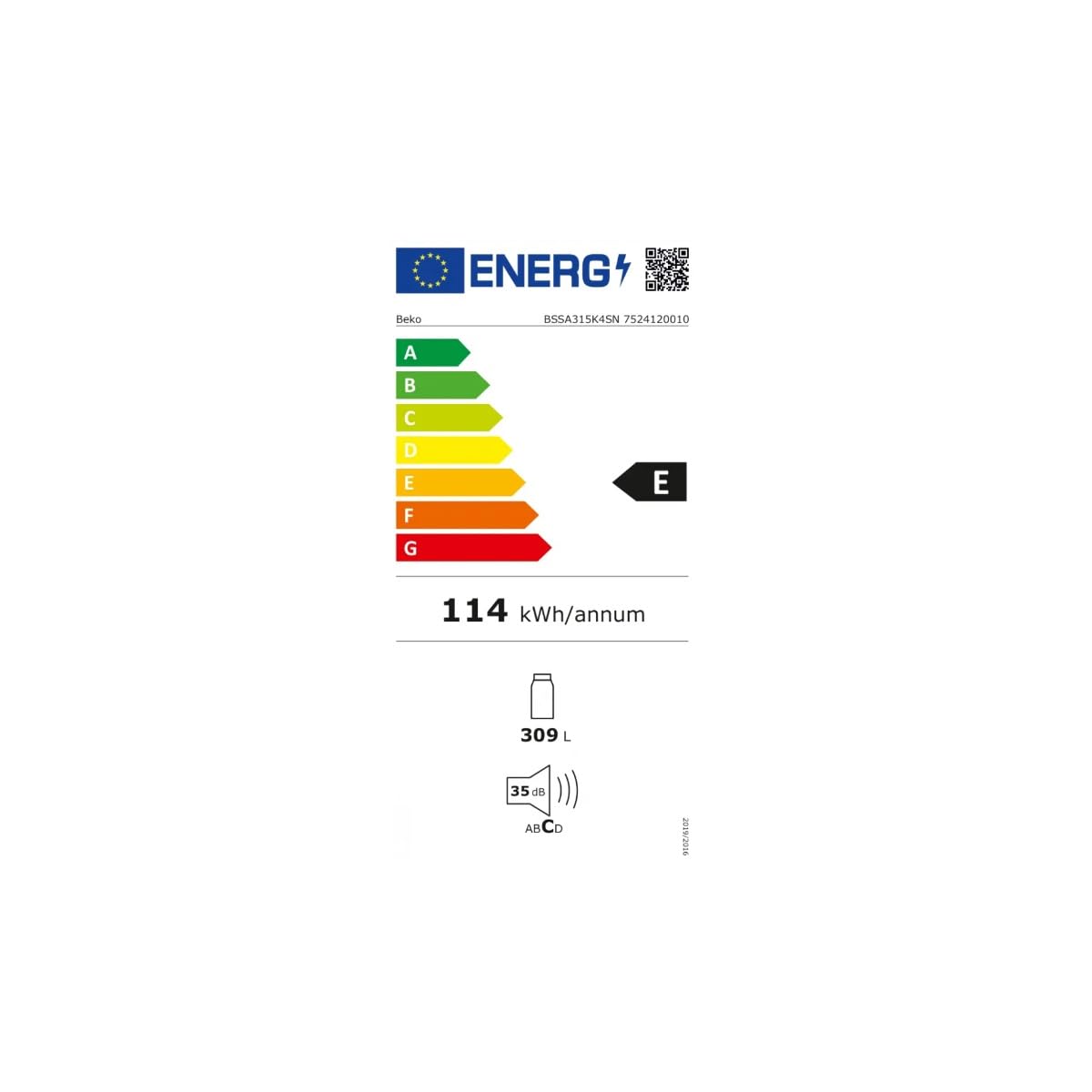 Beko BSSA315K4SN Einbaukühlschrank ohne Gefrierfach, Nieschenhöhe 178 cm, 309 L, Schlepptürtechnik, LED Illumination, weiß
