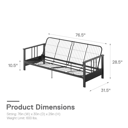 REALROOMS Bretta Contemporary Black Metal Arm Futon Frame - Thumbnail 3