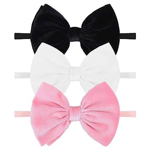 Image of YanJie Newborn Velvet Nylon Soft Elastics Bows Hairbands and Hair Accessories for Infants, Toddlers, Child (Black White Pink)