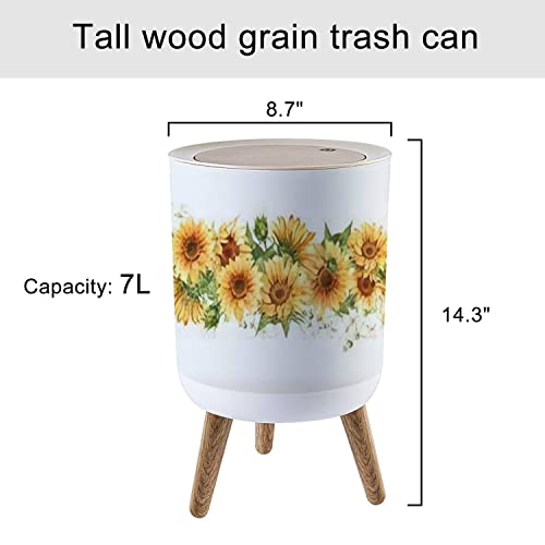 Image of Small Trash Can with Lid Sunflower seamless Watercolor horizontal border Yellow rural flowers Round Recycle Bin Press Top Dog Proof Wastebasket for Kitchen Bathroom Bedroom Office 7L /1.8 Gallon