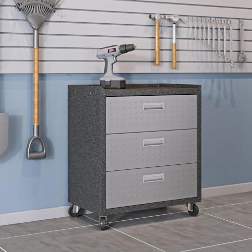 Image of Manhattan Comfort Fortress 3-Piece Textured Garage Storage Set, Includes Mobile Metal Cabinet Chests and Worktable, Space-Saving Design, 24-Gauge Metal, Lockable Wheels, 6.0 Series, Grey