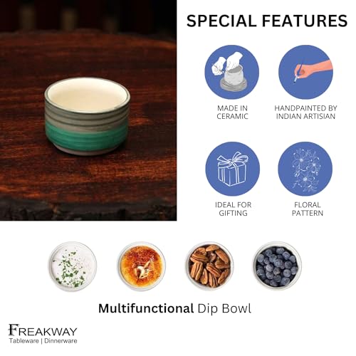 Image of Freakway Hand Painted White Ceramic Dip Bowls | Bowls Set of 2, 40Ml | Bowl for Serving Chutney Bowl /Pickle Bowl /Small (Sea Swirls)