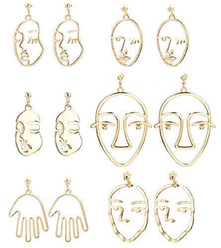 SAILIMUE 6 Pairs Face Hand Earrings Hollow Statement Geometric Fun Dangle Drop Earrings for Women Girls Hypoallergenic Abstract Art Earrings Gold Tone
