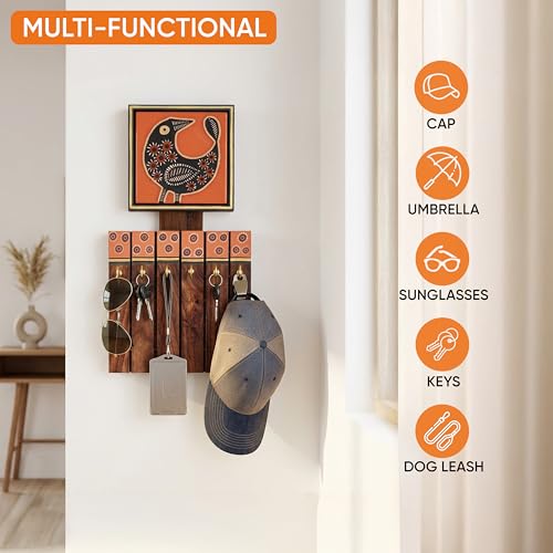 Image of AAKRITI ART CREATIONS Key Holder, Pichhwai Handcrafted Tiles Key Holder Panel Hooks | Rustic Wood Wall Organizer with 6 Hooks | New Home Gifts | Multifunctional Entryway Decor.