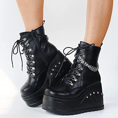 Erocalli Platform Goth Boots For Women Wedges Heels Mid Calf Boots Gothic Combat Motorcycle Riding Boots With Lace Up #TOP4