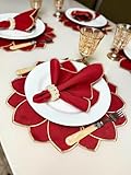 Kit Jogo Americano Girassol Com Guardanapo Bordado Mesa Posta Sousplat (Vermelho Bord Dourado, 8 Peças)
