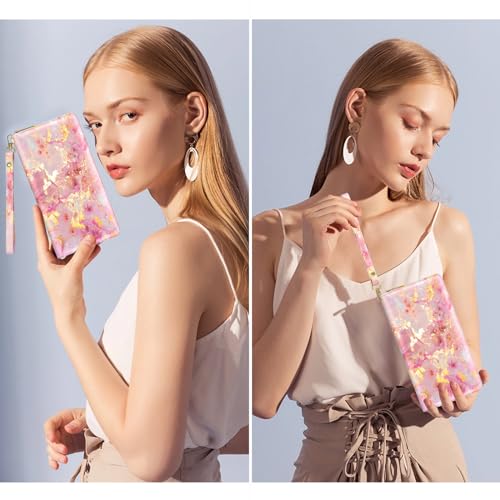 Image of Nipichsha Womens Wallet, RFID Wristlet Wallet for Women, Cute Ladies Purse, Large Card Clutch Purse with Phone Holder, Gold Pink Marble, 7.68 x 4.13 x 0.98 inch
