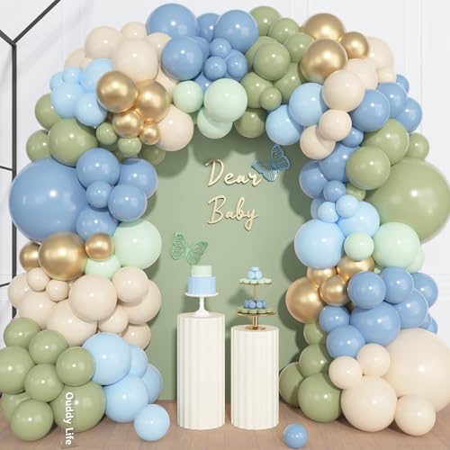 Image of Ouddy Life 157 Pcs Sage Green and Blue Balloons Garland Arch Kit, Dusty Blue Green Sand White Metallic Gold Balloon Different Size for Boho Bridal Baby Shower Birthday Anniversary Party Decorations