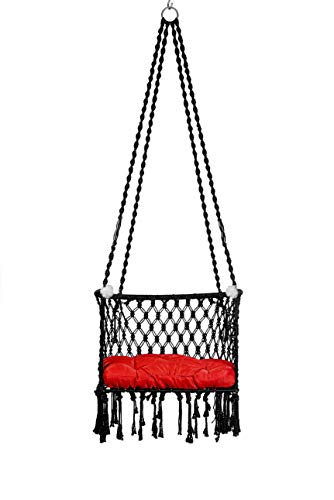 Image of Patiofy Made in India Premium Cotton C-Swing Chair for Adults, Kids Hammock-Hanging Chair Swing with Red Color Cushion and Accessories (Black)