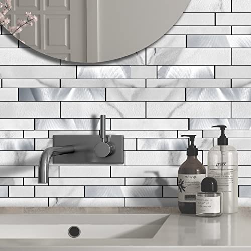 Yooker Peel And Stick Faux White Marble Aluminum Metal Stick Backsplash Tile For Kitchen & Bathroom (5 Sheets, White) #TOP5