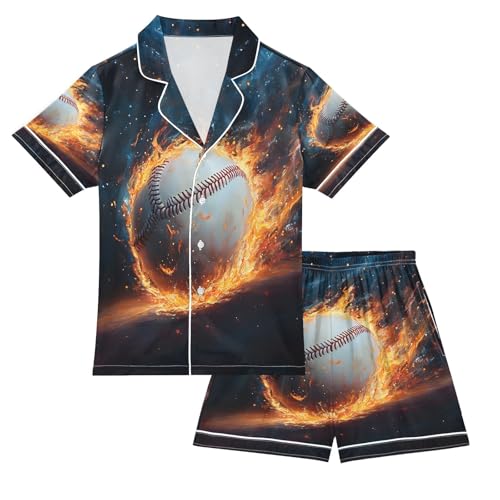 ALAZA Baseball Flame Sky Blue Satin Pajamas Set Short Sleeve Button Down Sleepwear Summer Pjs 2 Piece