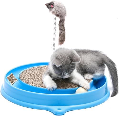 AUOON Cat Scratcher Toy with Ball Track - 3 in 1 Interactive Cat Toy Cat Scratch Pad with Cat Ball Toy and Plush Cat Mouse Toy for Indoor Cats and Kittens (Blue)