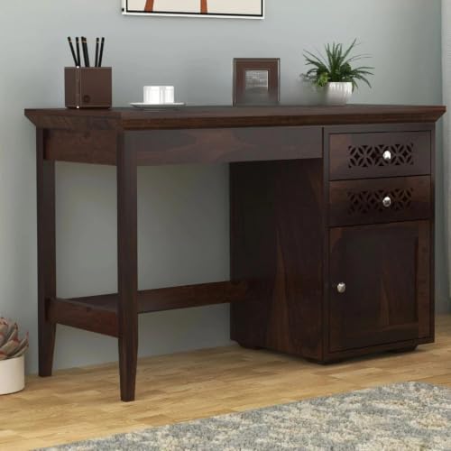 Image of Solid Sheesham Wooden Study Table & Desk with Drawer for Office and Home | Computer Laptop Table | Reading & Writing Desk | Laptop Desk (Walnut A)