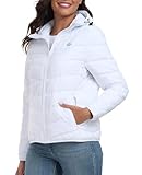 MoFiz Women's Lightweight Puffer Jacket with Hood Pockets Quilted Padded Full-zip Winter Coat White M