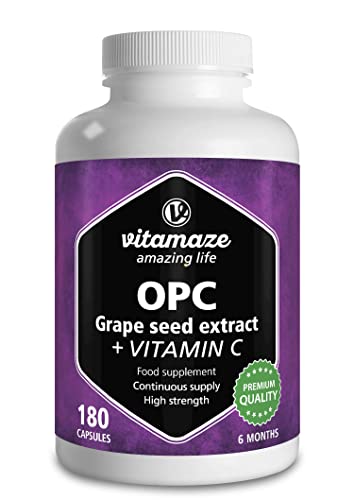 Grape Seed Extract Capsules 450mg Certified OPC +100 mg Vitamin C Antioxidant- 6 Months Supply 180 Capsules - Supplement Without Additives, Made in Germany