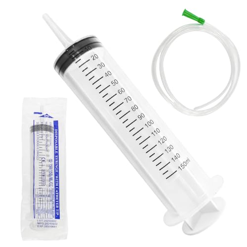 Wanheart 150ml Large Capacity Syringe Reusable Liquid PlasticSyringe with 100cm Tube Individual Package Large Capacity Measuring Syringe for Liquids Pet Feeding Plant Irrigation (150ml)