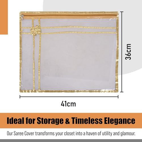 Image of Kuber Industries Polyvinyl Chloride Saree Cover | Clothes Storage Bag | Single Packing Saree With Zip Closure | Bow Design With Golden | Pack Of 6 | Transparent, 36 Cm, 1 Cm