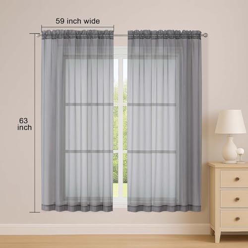 Image of OWENIE Sheer Grey Curtains, Sheer Curtains 63 inch Length 2 Panels Set, Rod Pocket Voile Fimly Sheer Drapes for Living Room Bedroom, 2pcs, Grey, Each 59 inch W x 63 inch L