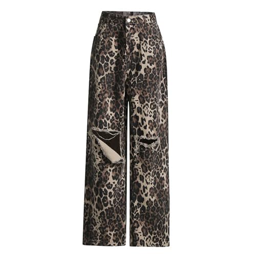 Leopard Print Jeans Ripped Jeans Womens Baggy Pants Y2k Wide Leg Jeans Vintage Pants Streetwear