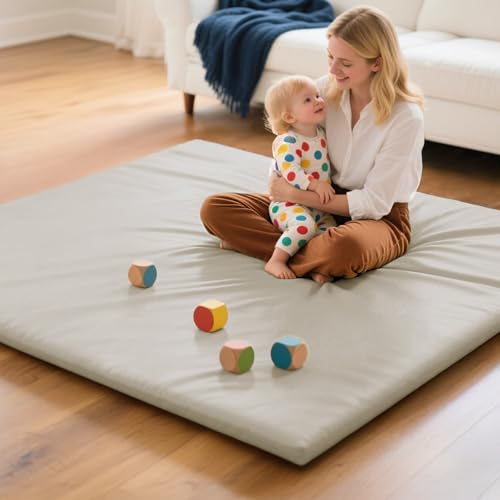 Image of Mallify Vegan Leather Baby Play Mat, 50x50 Thick & Waterproof Foam Playpen Mat for Babies and Toddlers, Non-Toxic Baby Play mats for Floor, Gray