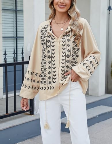 Kedera Womens Boho Embroidered Tops Floral Babydoll Tops Long Sleeve V Neck Peasant Blouses Mexican Shirt4