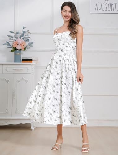 Image of ABEHIK Casual Dresses for Women Boho Spaghetti Strap Corset Midi Dress with Pockets Low Cut Flowy Pleated Bustier Sundress