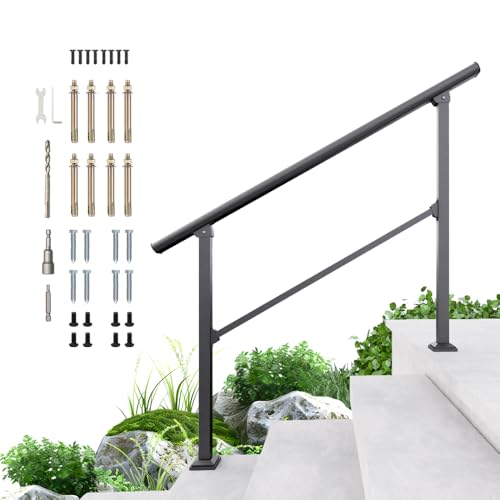DIYHD 4 Step Handrail, Black Iron Stair Railing, Outdoor Indoor, 1 Pack
