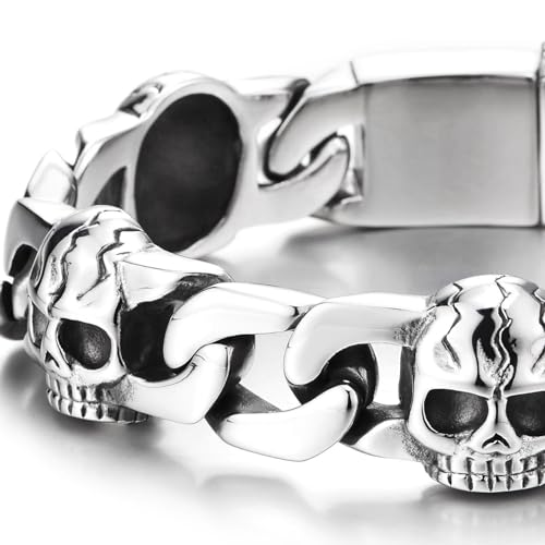 COOLSTEELANDBEYOND Men's Steel Skull Link Bracelet, Heavy Curb Chain Punk Style, Bold Gothic Jewelry, Biker Rock Look4