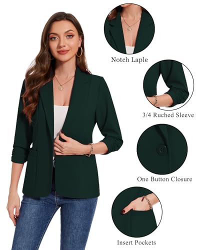 MINTLIMIT Womens Casual Blazers 3/4 Ruched Sleeve One Button Blazer Lapel Collar Business Office Suit Jacket with Pockets3