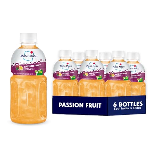 Mogu Mogu Drink Passion Fruit (6 Bottles) Delicious drinks made with nata de coco (coconut jelly). Fun chewable juice boxes for kids. Famous Asian drinks. Juice bottles made for adults and kids. Ready to drink