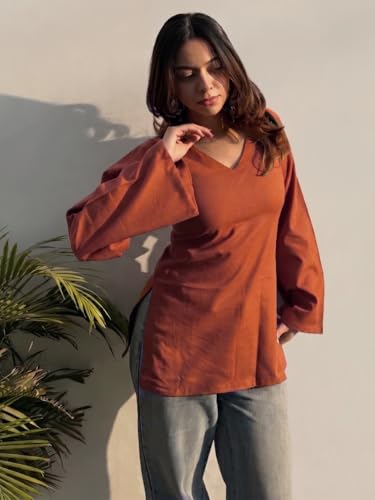 Image of ANNI Designer Short Kurti for Women Solid Design | V Neck Full Sleeve Kurti Tops for Women | Stylish Kurtis & Short Kurtis for Woman | Casual Kurti with Jeans | Kurtas for Woman