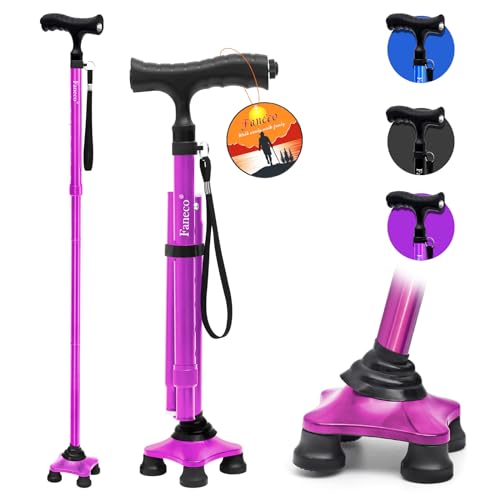 FANECO Walking Cane, Cane with LED Light, Pivoting Quad Base, Adjustable Walking Stick for Men/Women (Purple)