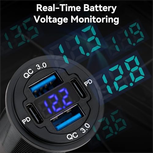 ULITECO 12V USB Outlet 4-Port, 78W Dual PD30W & QC3.0 Fast Charger, Waterproof Aluminum Alloy 12v Power Outlet with Blue Voltmeter for Cars RVs Boats Golf Carts Trucks Motorcycles - 3