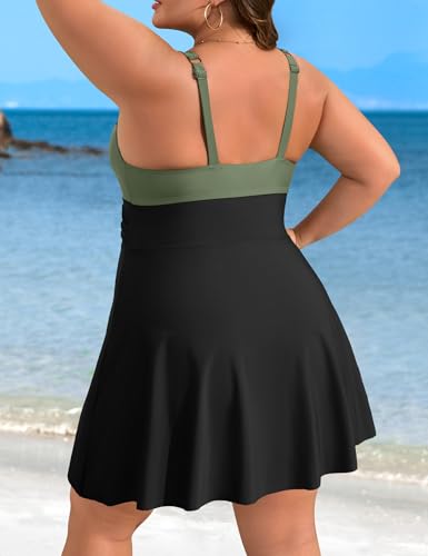Image of Charmo Plus Size Bathing Suit for Women One Piece Swimdress Tummy Control Ruched Swimsuits Scalloped V Neck Swimwear Army Green Black 3X