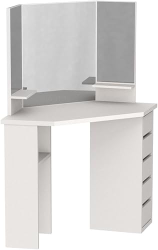 Miniatura 4 de Likein Escritorio esquinero de maquillaje con espejo y luces, mesa de tocador de dormitorio con espejo iluminado, 5 cajones y estante de