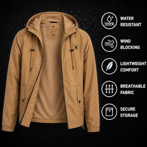 Image of Spyder Mens Windbreaker Jacket - Hooded Lightweight Breathable Hiking | Water Resistant, Full Zip, Everyday Layer for Hiking, Commutes, Travel, Errands, and Cool-Weather Days