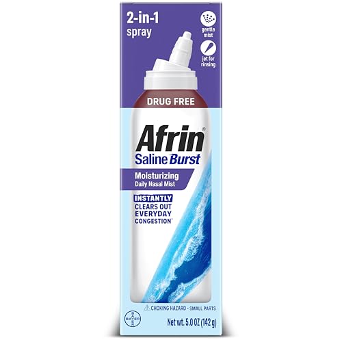 Afrin Saline Burst Moisturizing Daily Mist, Drug Free Isotonic Seawater Saline Nasal Spray with Dual Nozzle for Everyday Congestion and Dry Nose, Sinus Rinse for Nasal Irrigation, 5oz