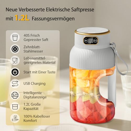 【Upgraded】Fine Life Pro Wiederaufladbarer Tragbarer Mixer/Entsafter/Blender, Neuer 1200ML Smoothie Maker mit Digitalanzeige für Gemüse und Obst, Zwei Modi, Leicht Zu Reinigen, 3D-10 Klinge, BPA Frei